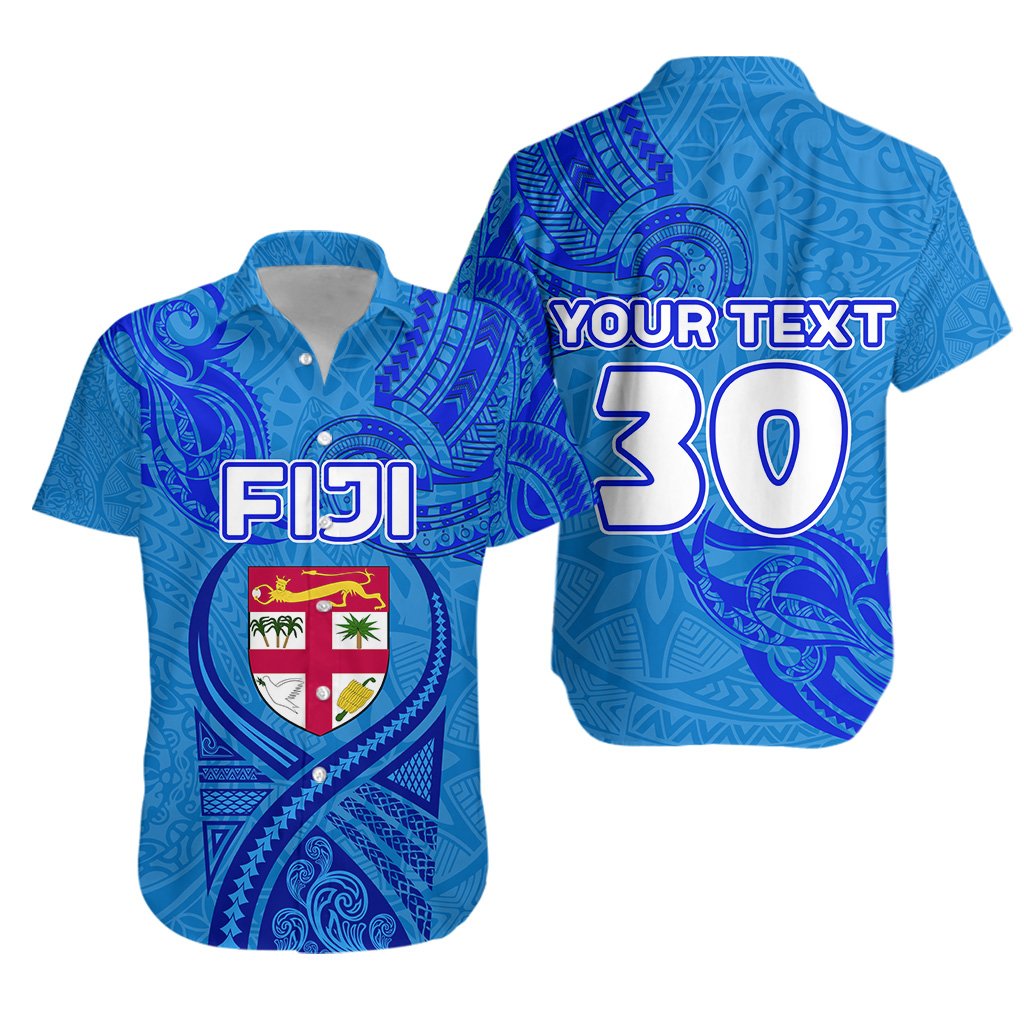 (Custom Personalised Text and Number) Blue Hawaiian Shirt Fiji Rugby Polynesian Waves Style Unisex Blue - Polynesian Pride