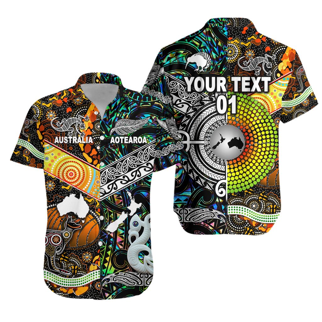 (Custom Personalised) New Zealand Maori Aotearoa And Australia Aboriginal Hawaiian Shirt Together - Paua Shell, Custom Text And Number LT8 Unisex Black - Polynesian Pride
