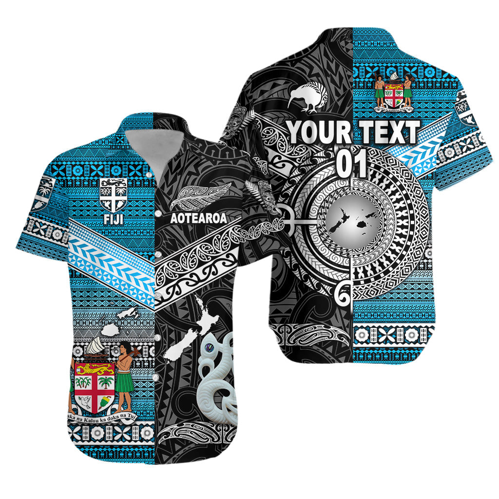 (Custom Personalised) New Zealand Maori Aotearoa Fiji Tapa Together Hawaiian Shirt - Black, Custom Text And Number LT8 Unisex Blue - Polynesian Pride