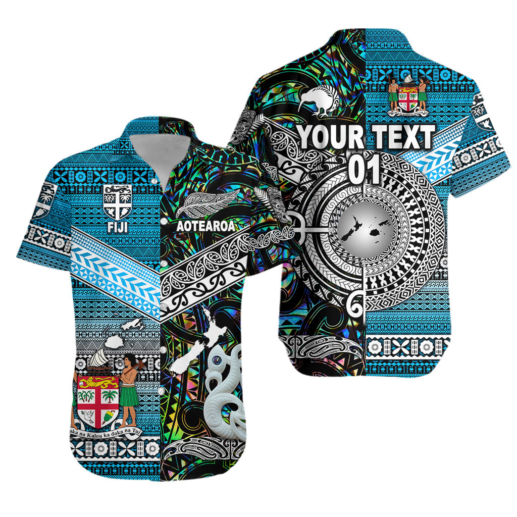 (Custom Personalised) New Zealand Maori Aotearoa Fiji Tapa Together Hawaiian Shirt - Paua Shell, Custom Text And Number LT8 Unisex Blue - Polynesian Pride