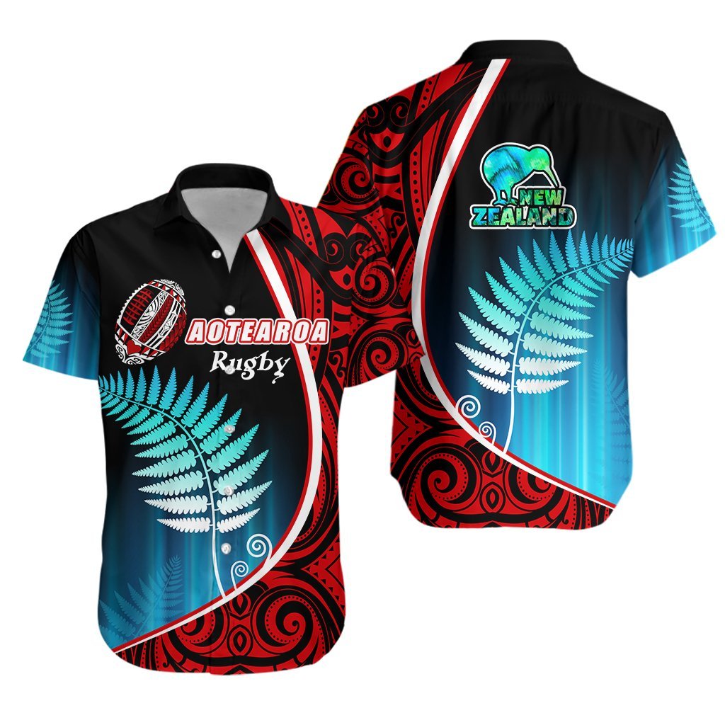 Aotearoa Rugby Black Maori Hawaiian Shirt Kiwi and Silver Fern New Zealand Unisex Black - Polynesian Pride
