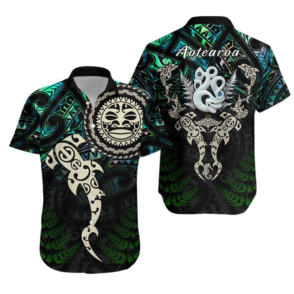 Aotearoa Paua Shell Hawaiian Shirt Maori Manaia and Fish LT13 Unisex Black - Polynesian Pride