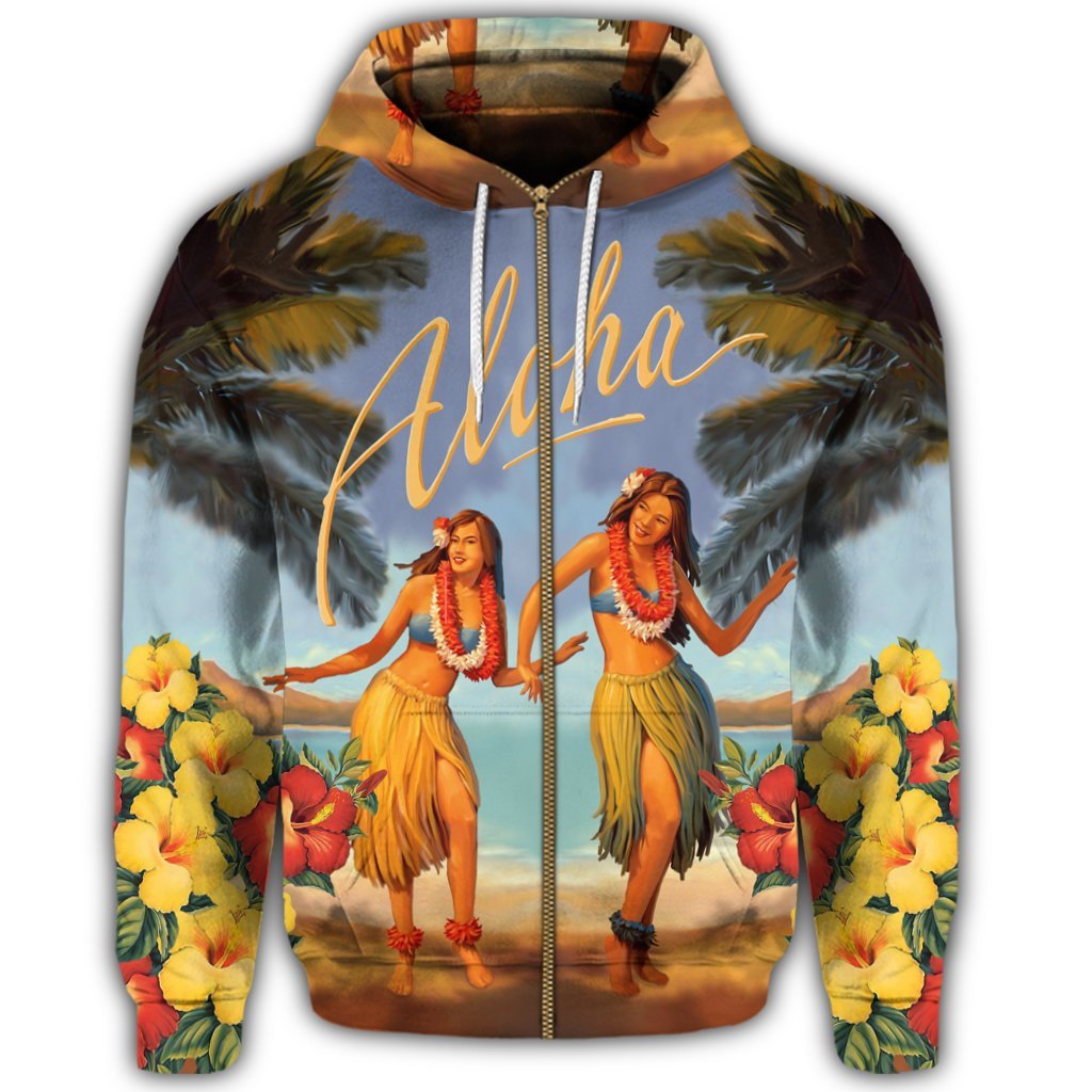 Hawaiian Aloha Hula Girl Hibiscus Polynesian Zip Hoodie - Polynesian Pride