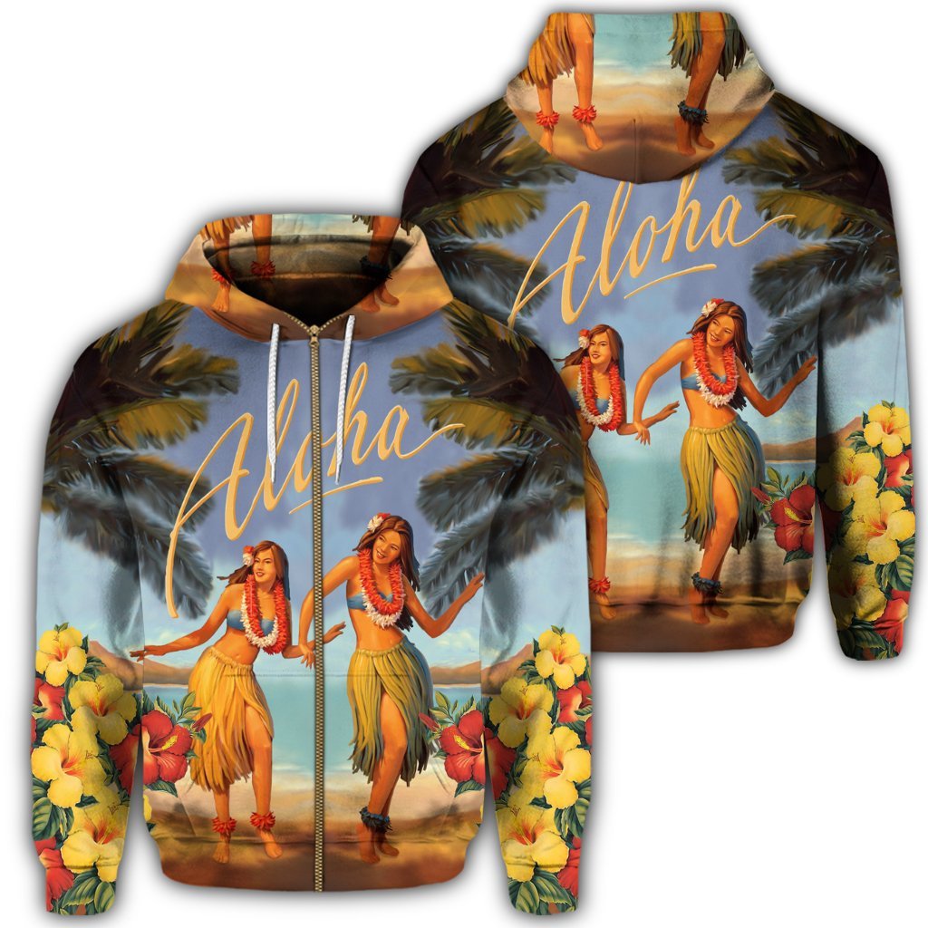 Hawaiian Aloha Hula Girl Hibiscus Polynesian Zip Hoodie Unisex Art - Polynesian Pride