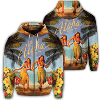 Hawaiian Aloha Hula Girl Hibiscus Polynesian Zip Hoodie Unisex Art - Polynesian Pride