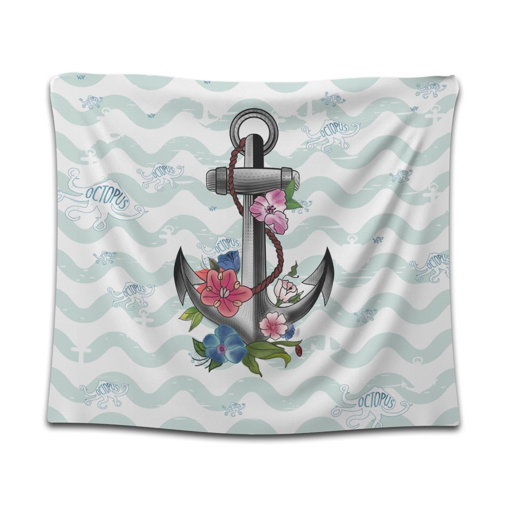 Hawaiian Anchor Hibiscus Wave Tapestry - AH Wall Tapestry Black - Polynesian Pride