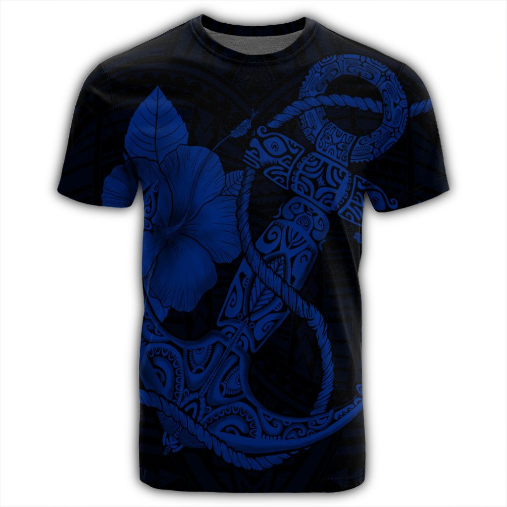 Hawaiian Anchor Poly Tribal Hibiscus Polynesian T Shirt Blue - Polynesian Pride