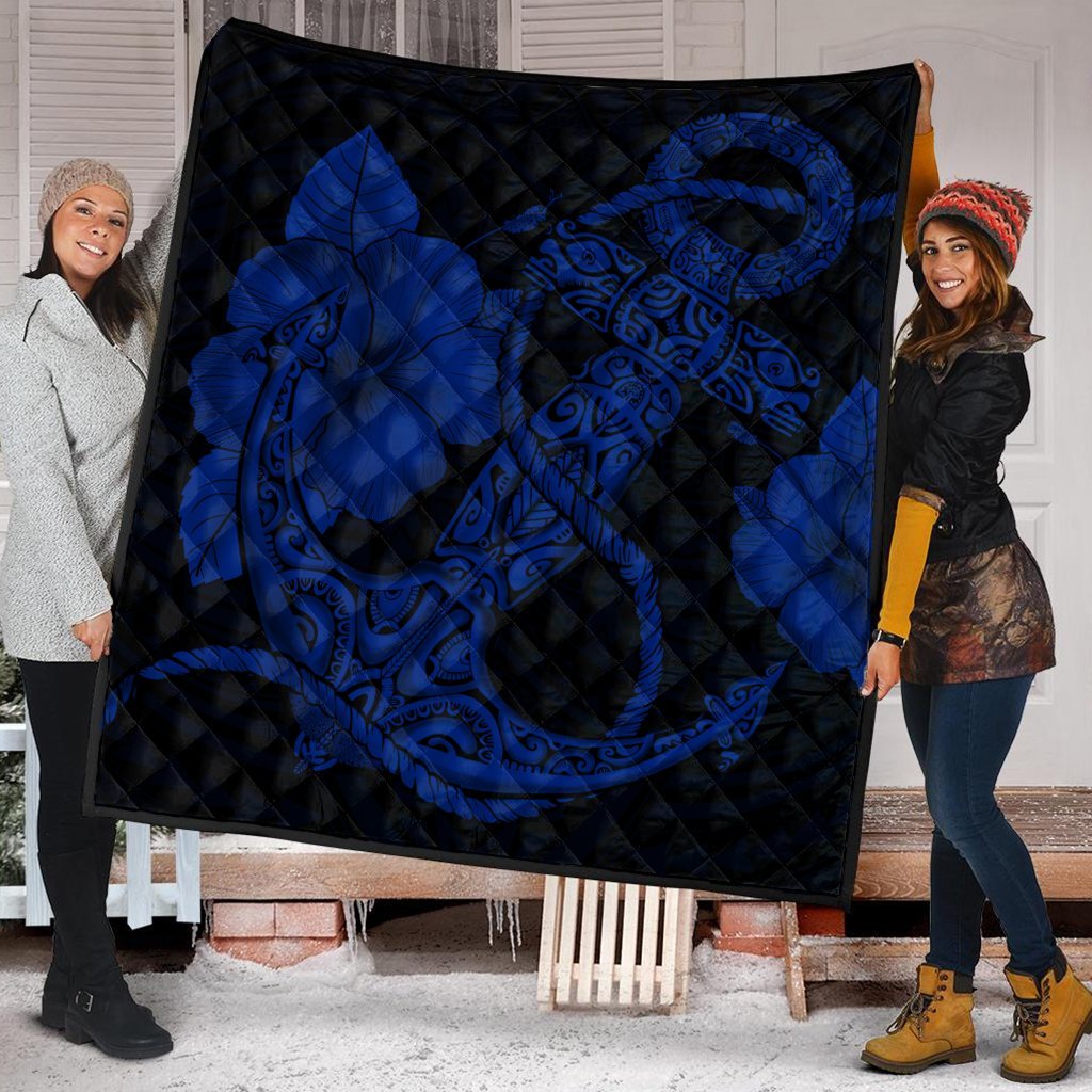 Hawaiian Anchor Poly Tribal Hibiscus Polynesian Premium Quilts Blue - AH - Polynesian Pride