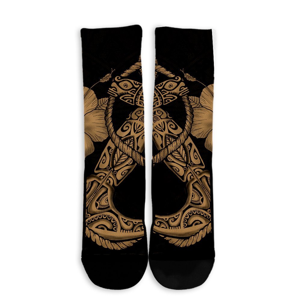 Hawaiian Anchor Poly Tribal Hibiscus Polynesian Crew Socks Gold - AH - Polynesian Pride