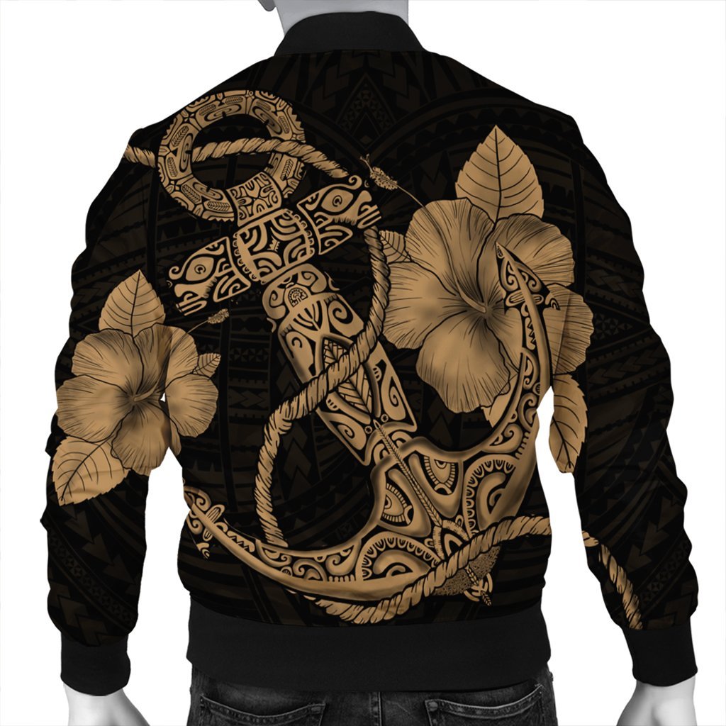 Hawaiian Anchor Poly Tribal Hibiscus Polynesian Bomber Jacket Gold - AH - Polynesian Pride