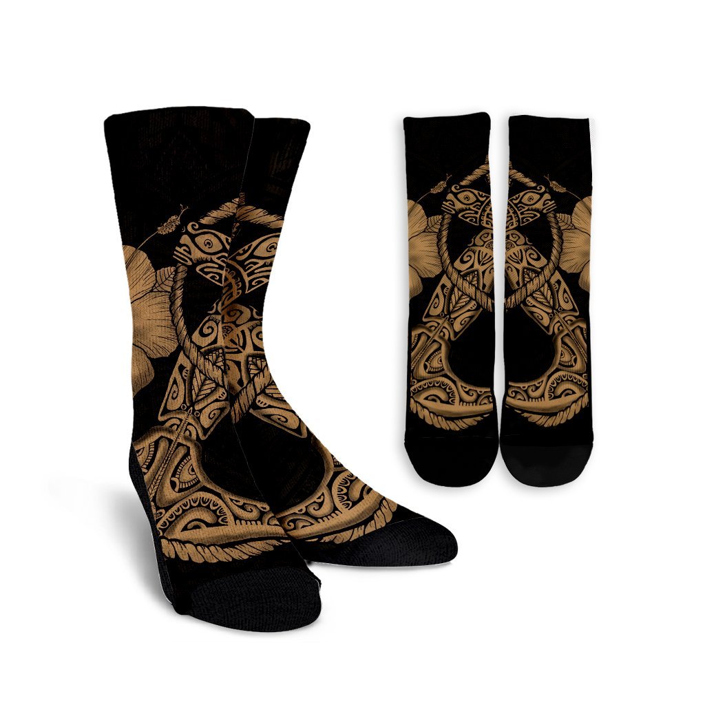 Hawaiian Anchor Poly Tribal Hibiscus Polynesian Crew Socks Gold - AH Crew Socks White - Polynesian Pride