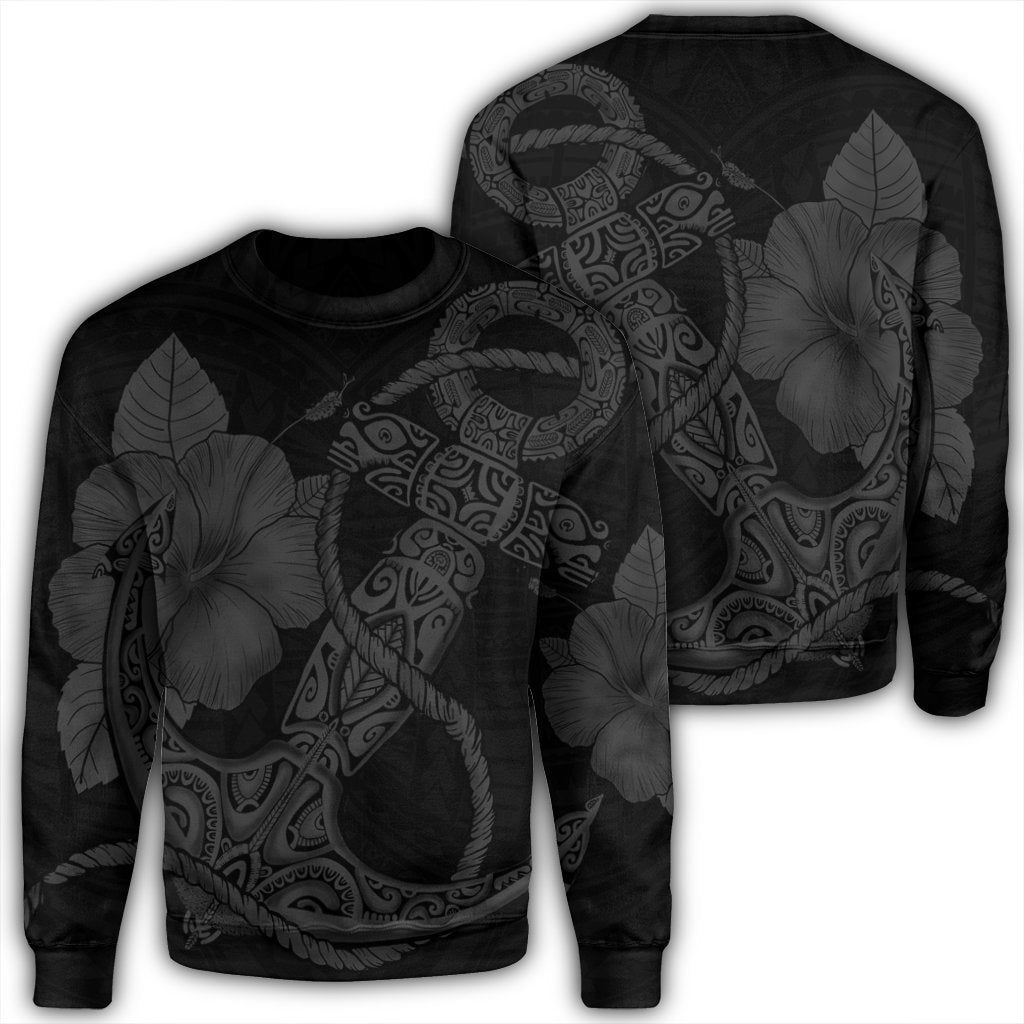Hawaiian Anchor Poly Tribal Hibiscus Polynesian Sweatshirt Gray - AH Unisex Black - Polynesian Pride