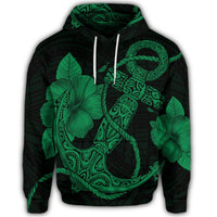 Hawaiian Anchor Poly Tribal Hibiscus Polynesian Hoodie Green - Polynesian Pride