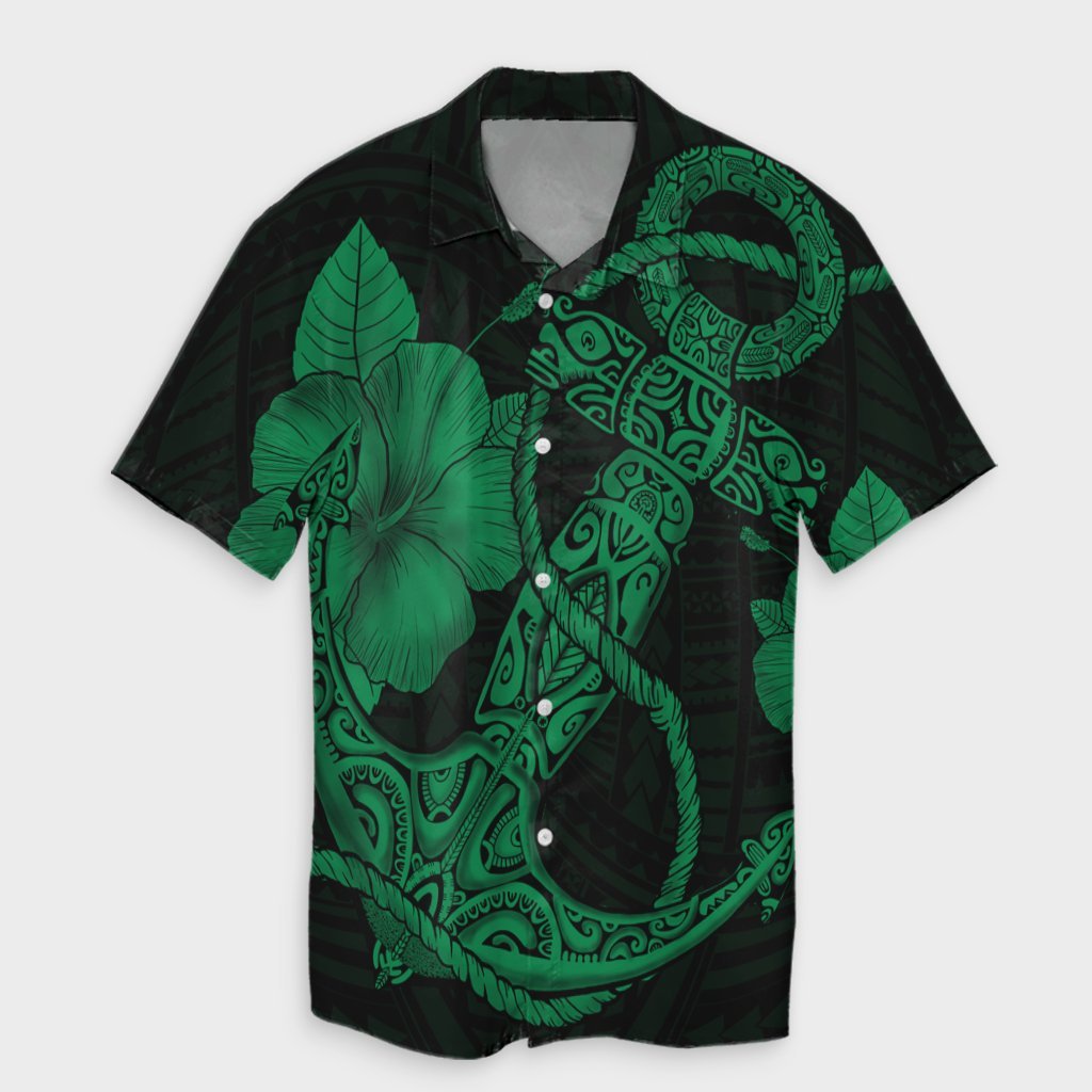 Hawaiian Anchor Poly Tribal Hibiscus Polynesian Hawaiian Shirt Green - AH Unisex Black - Polynesian Pride