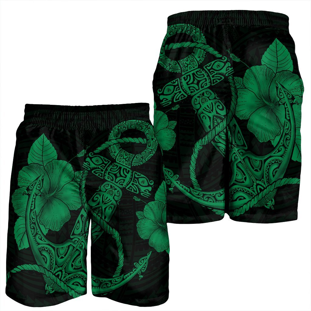 Hawaiian Anchor Poly Tribal Hibiscus Polynesian Men's Shorts Green - AH - Polynesian Pride