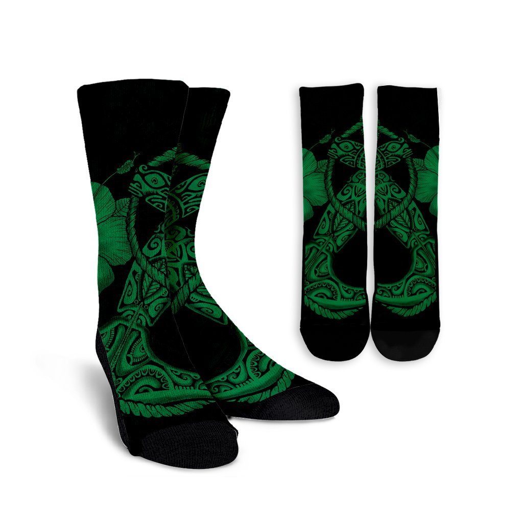 Hawaiian Anchor Poly Tribal Hibiscus Polynesian Crew Socks Green - AH Crew Socks White - Polynesian Pride