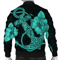 Hawaiian Anchor Poly Tribal Hibiscus Polynesian Bomber Jacket Turquoise - AH - Polynesian Pride
