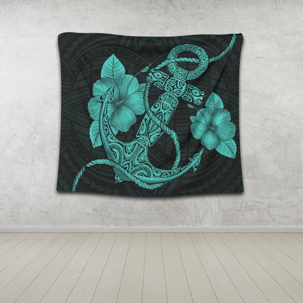 Hawaiian Anchor Poly Tribal Hibiscus Polynesian Tapestry Turquoise - AH - Polynesian Pride