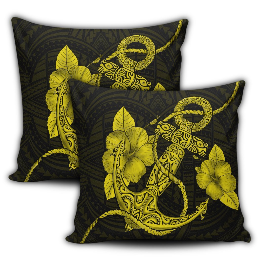 Hawaiian Anchor Poly Tribal Hibiscus Polynesian Pillow Covers Yellow - AH - Polynesian Pride