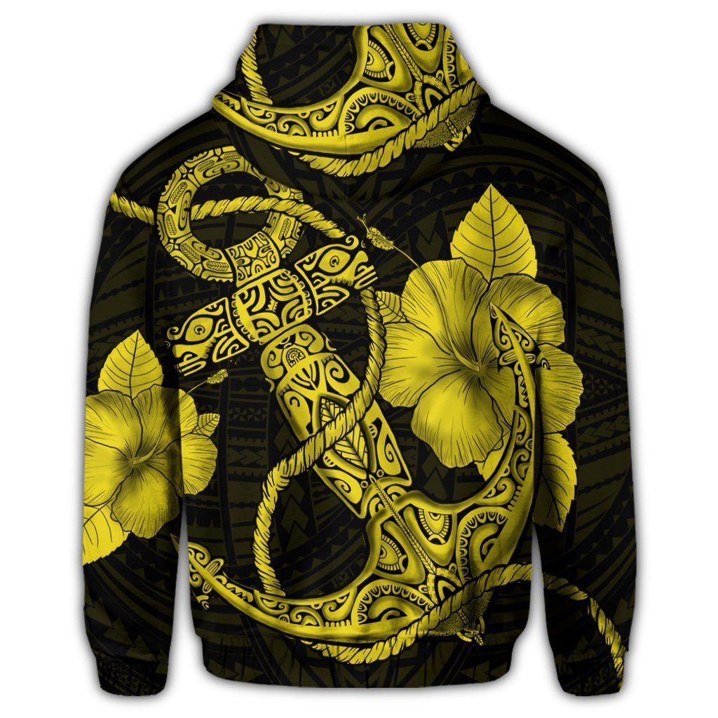 Hawaiian Anchor Poly Tribal Hibiscus Polynesian Zip Hoodie Yellow - Polynesian Pride