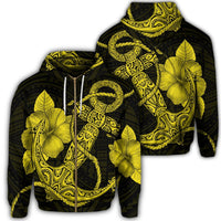 Hawaiian Anchor Poly Tribal Hibiscus Polynesian Zip Hoodie Yellow Unisex Art - Polynesian Pride