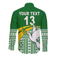 (Custom Text and Number) Tailevu Rugby Hawaii Long Sleeve Button Shirt Fiji Rugby Tapa Pattern Green LT13 - Polynesian Pride