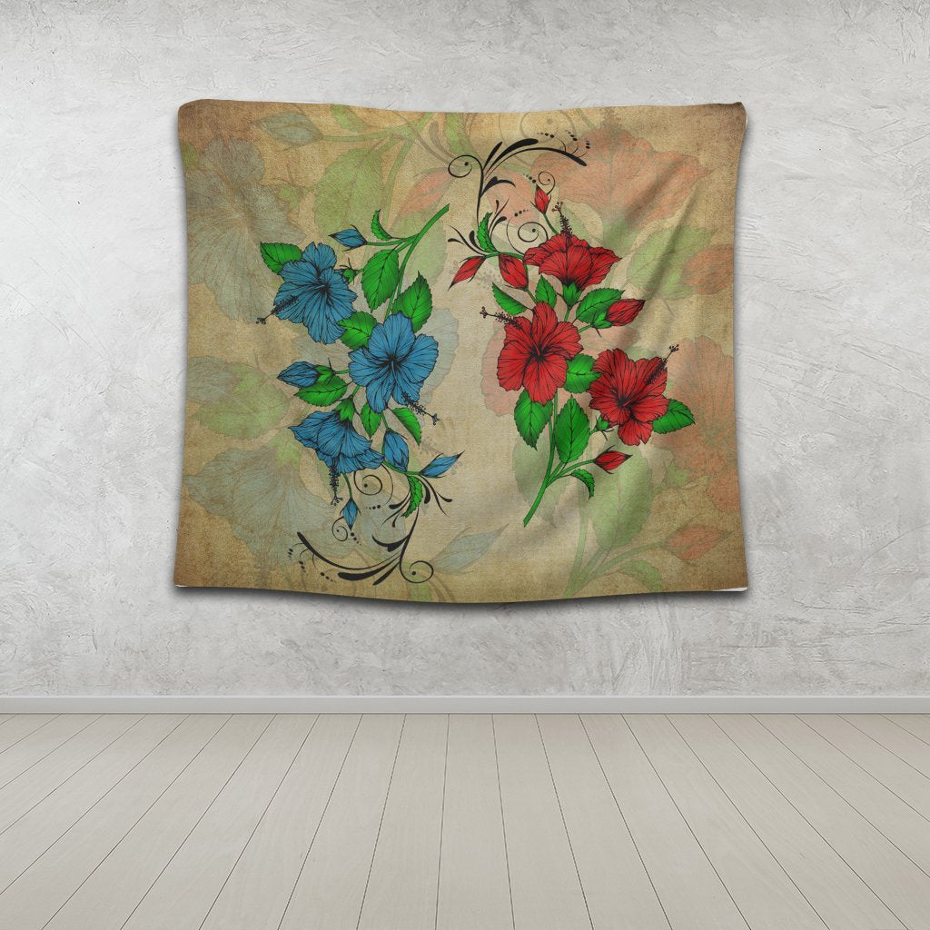Hawaiian Blue And Red Hibiscus Polynesian Tapestry - AH - Polynesian Pride