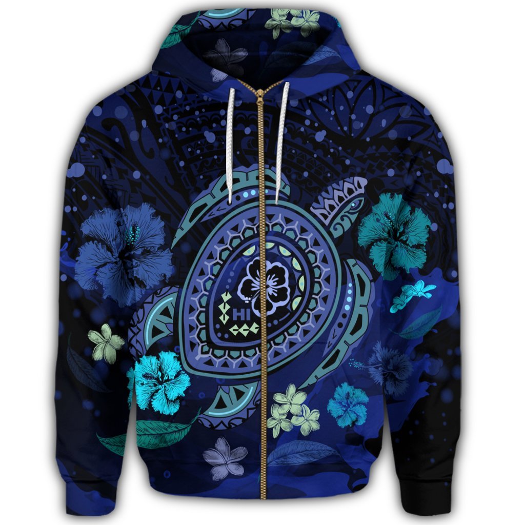 Hawaiian Blue Ocean Honu and Flowers Zip Hoodie - Polynesian Pride