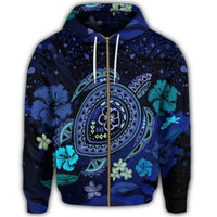 Hawaiian Blue Ocean Honu and Flowers Zip Hoodie - Polynesian Pride