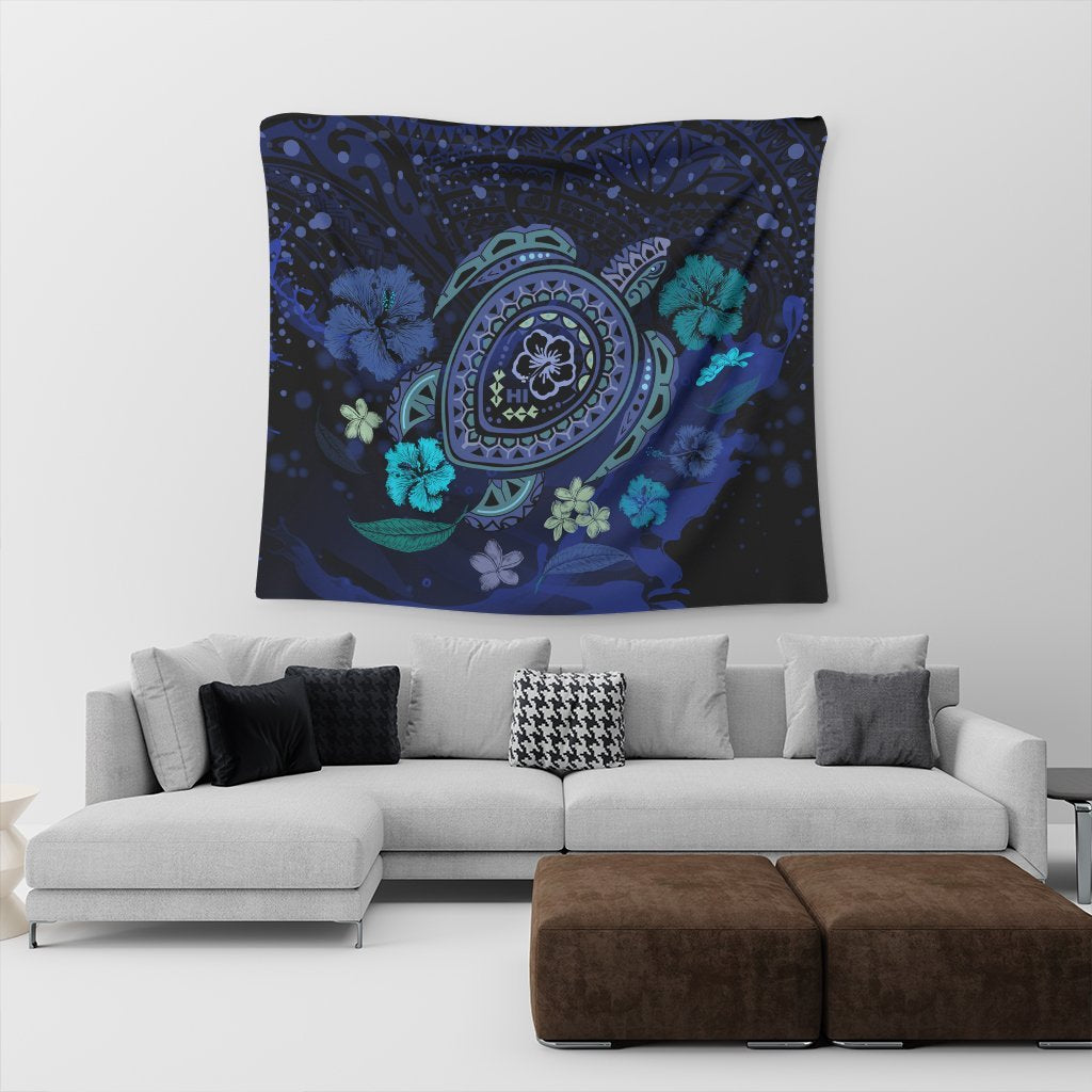 Hawaiian Blue Ocean Honu And Flowers Tapestry AH - Polynesian Pride