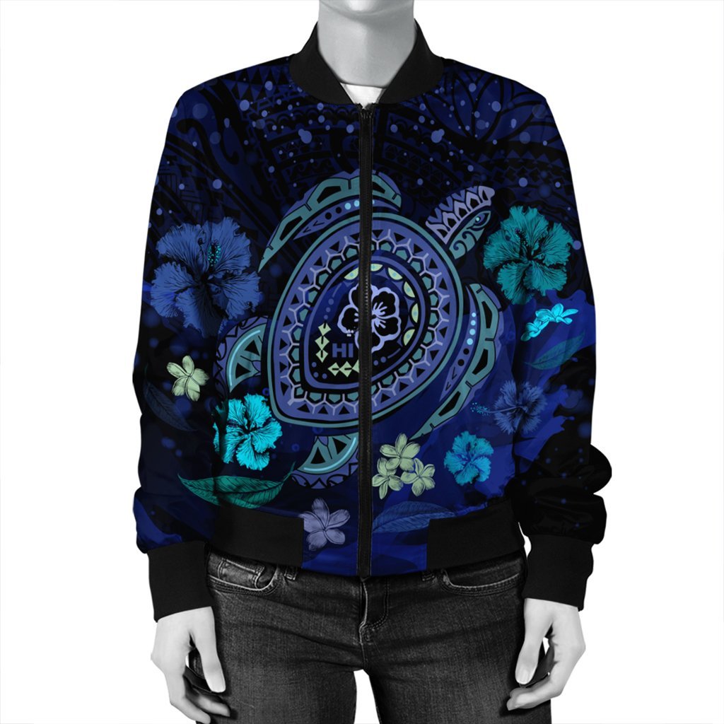 Hawaiian Blue Ocean Honu And Flowers Bomber Jacket AH - Polynesian Pride