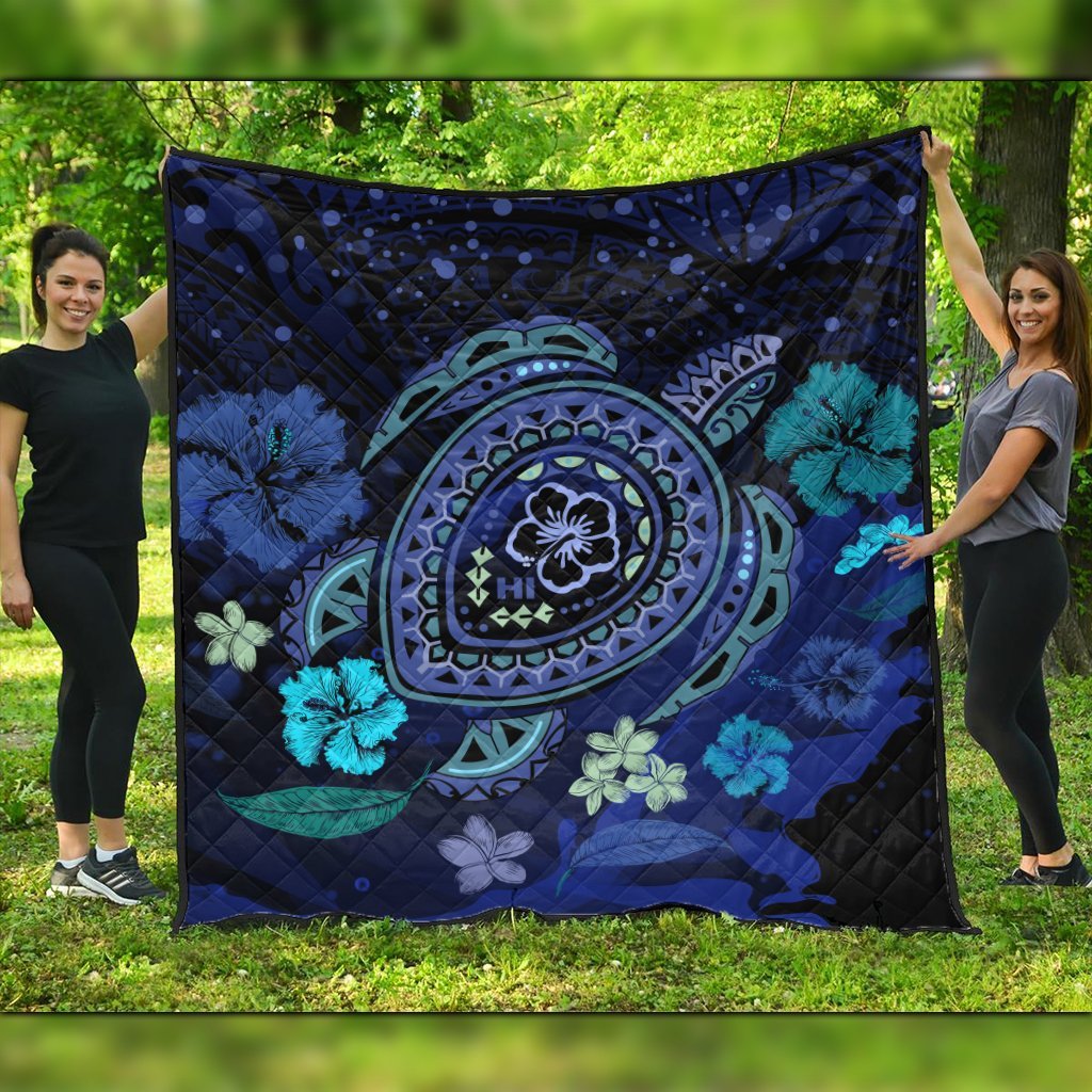 Hawaiian Blue Ocean Honu And Flowers Premium Quilts AH Black - Polynesian Pride
