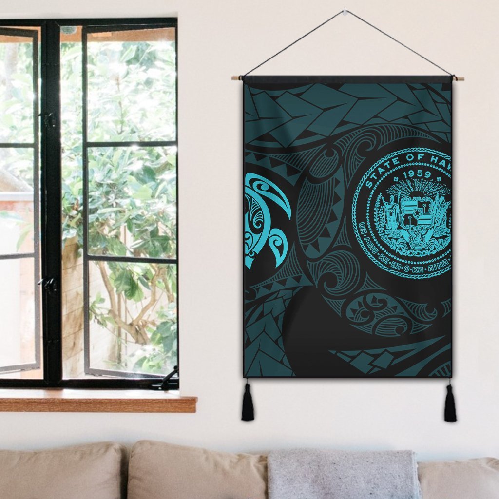 Hawaiian Coat Of Arms Turtle Polynesian Hanging Poster Blue AH - Polynesian Pride