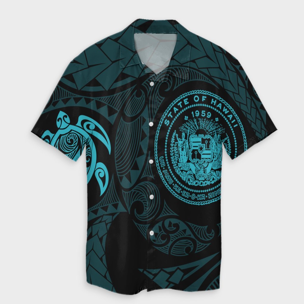 Hawaiian Coat Of Arms Turtle Polynesian Hawaiian Shirt Blue AH Unisex Black - Polynesian Pride