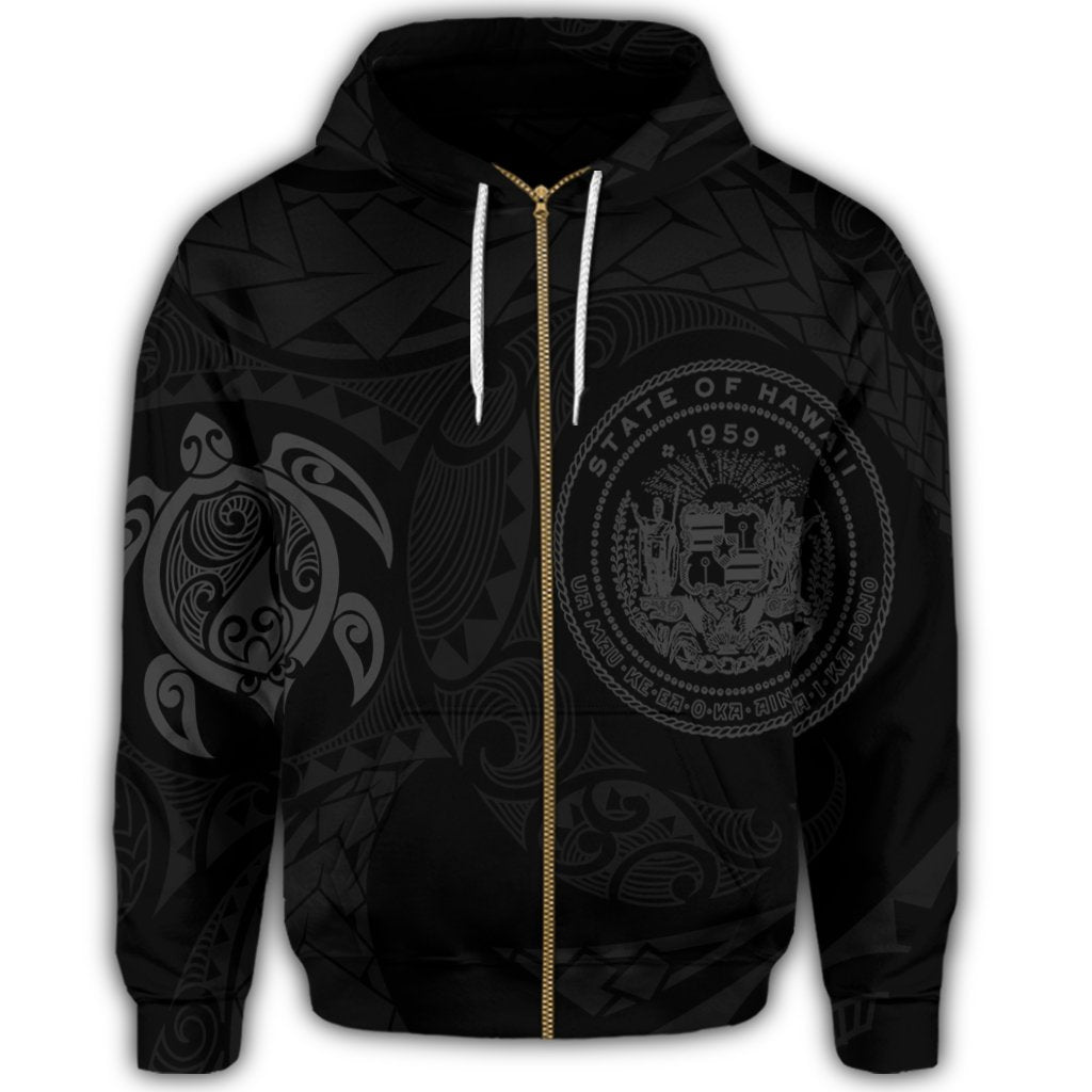 Hawaiian Coat of Arms Turtle Polynesian Zip Hoodie Gray - Polynesian Pride