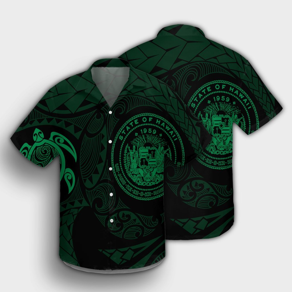 Hawaiian Coat Of Arms Turtle Polynesian Hawaiian Shirt Green AH - Polynesian Pride