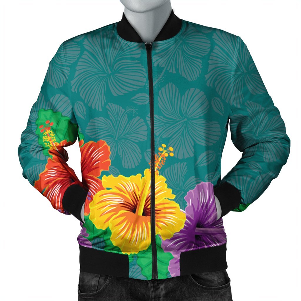 Hawaiian Colorful Hibiscus Polynesian Bomber Jacket - AH Black Unisex - Polynesian Pride