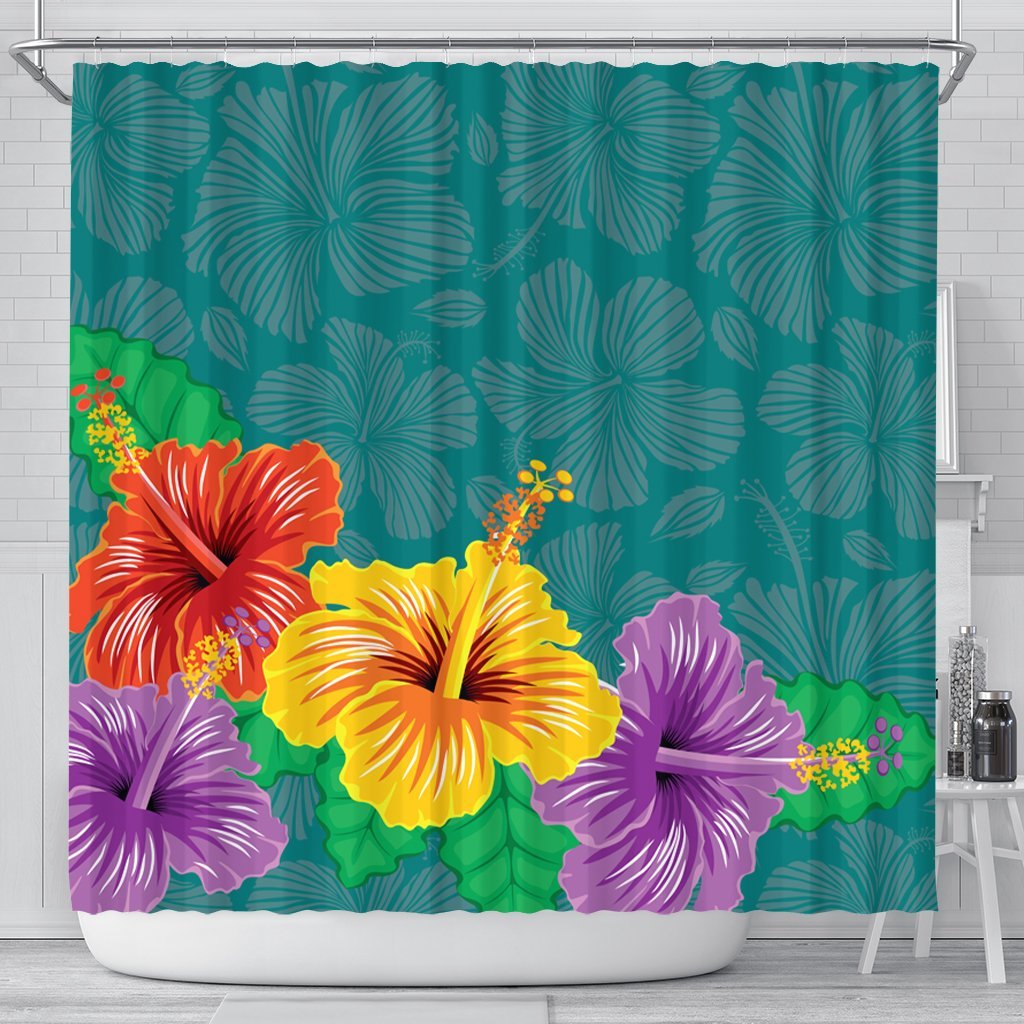 Hawaiian Colorful Hibiscus Polynesian Shower Curtain - AH 177 x 172 (cm) Black - Polynesian Pride