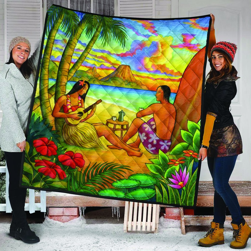 Hawaiian Couple Sing A Song On Beach Sunset Premium Quilts - AH - Polynesian Pride