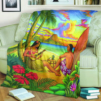 Hawaiian Couple Sing A Song On Beach Sunset Premium Blankets - AH - Polynesian Pride