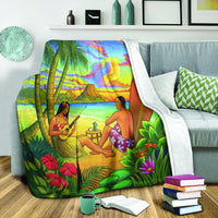 Hawaiian Couple Sing A Song On Beach Sunset Premium Blankets - AH - Polynesian Pride