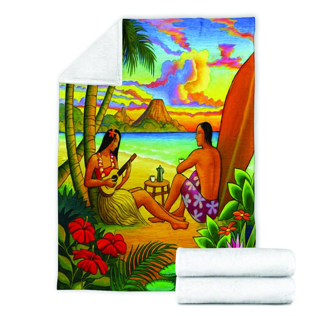 Hawaiian Couple Sing A Song On Beach Sunset Premium Blankets - AH - Polynesian Pride