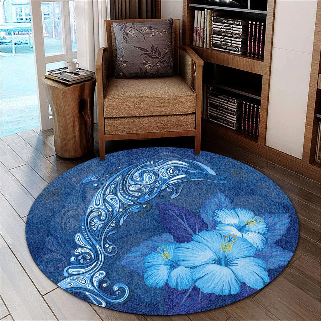 Hawaiian Dolphin Hibiscus Tropic Blue Polynesian Round Carpet - AH - Polynesian Pride