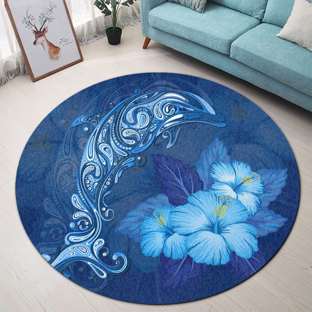 Hawaiian Dolphin Hibiscus Tropic Blue Polynesian Round Carpet - AH - Polynesian Pride