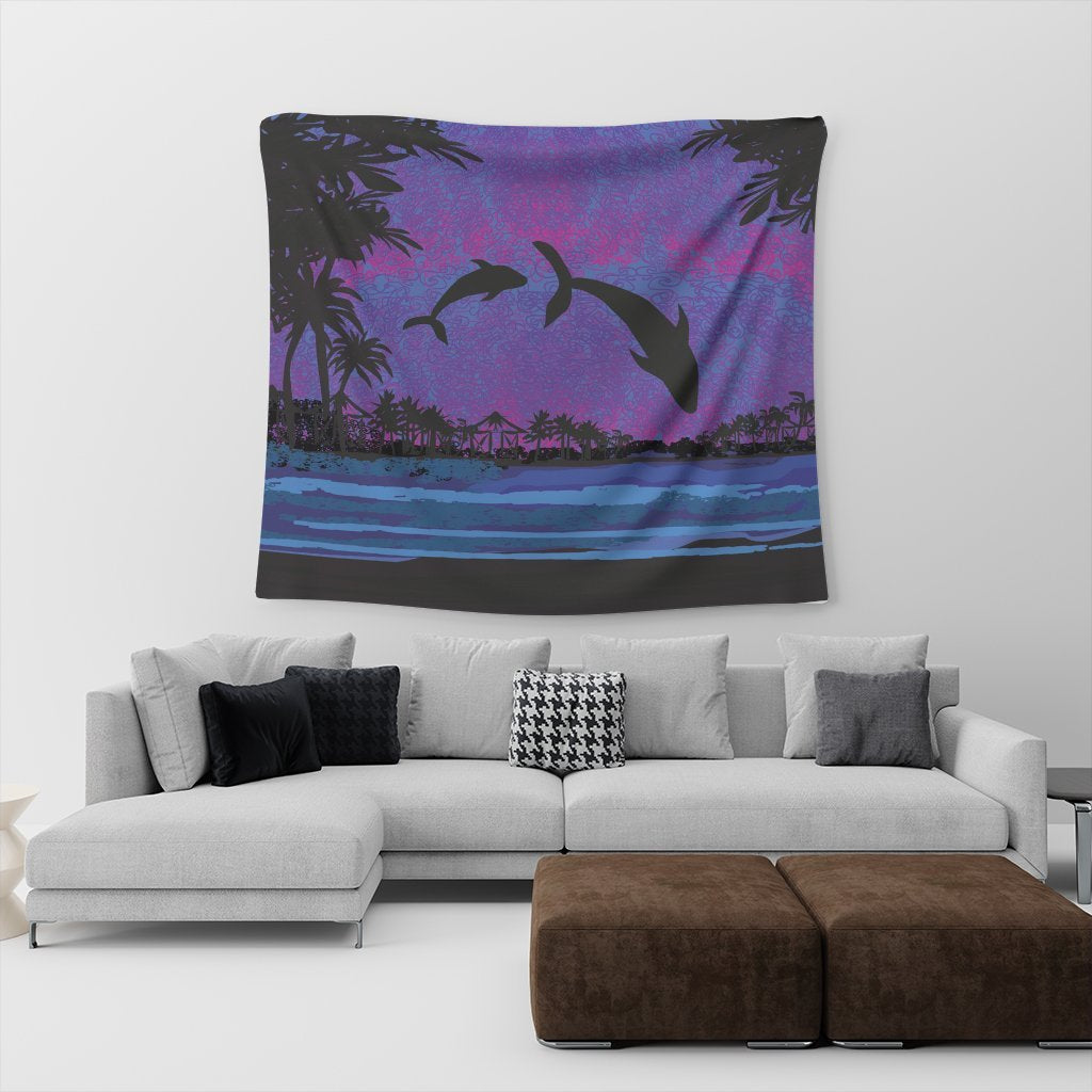 Hawaiian Dolphin In Night Polynesian Tapestry - AH - Polynesian Pride