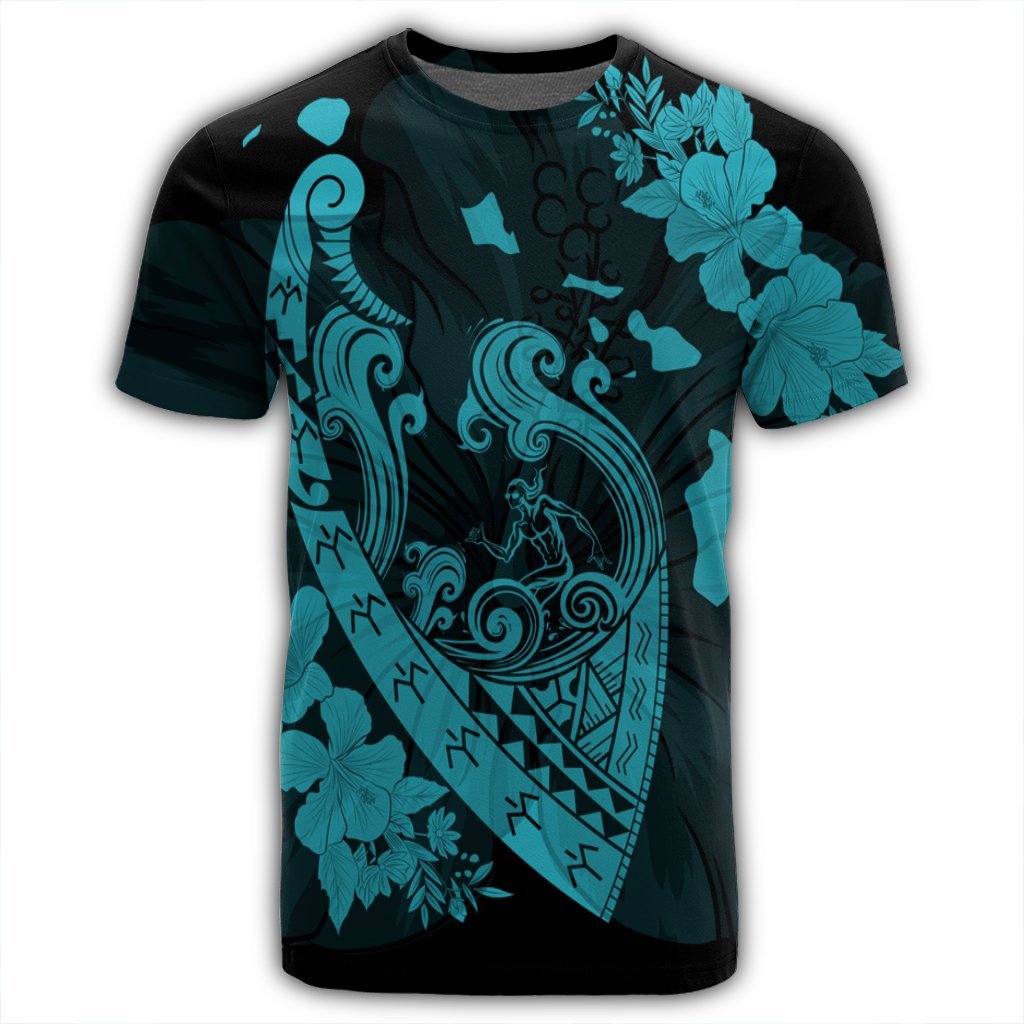 Hawaiian Fish Hook Hibiscus Banzai Surfing Polynesian T Shirt Blue - Polynesian Pride