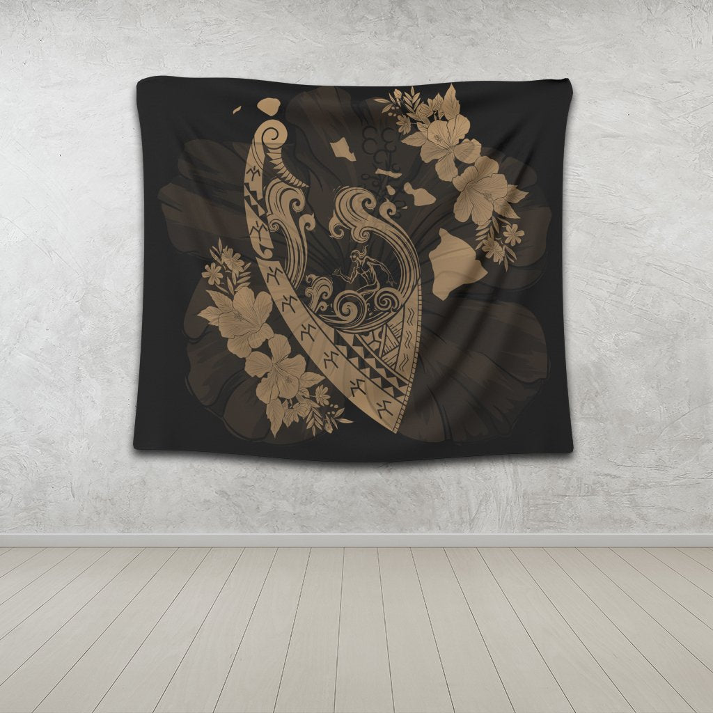 Hawaiian Fish Hook Hibiscus Banzai Surfing Polynesian Tapestry Gold - AH - Polynesian Pride