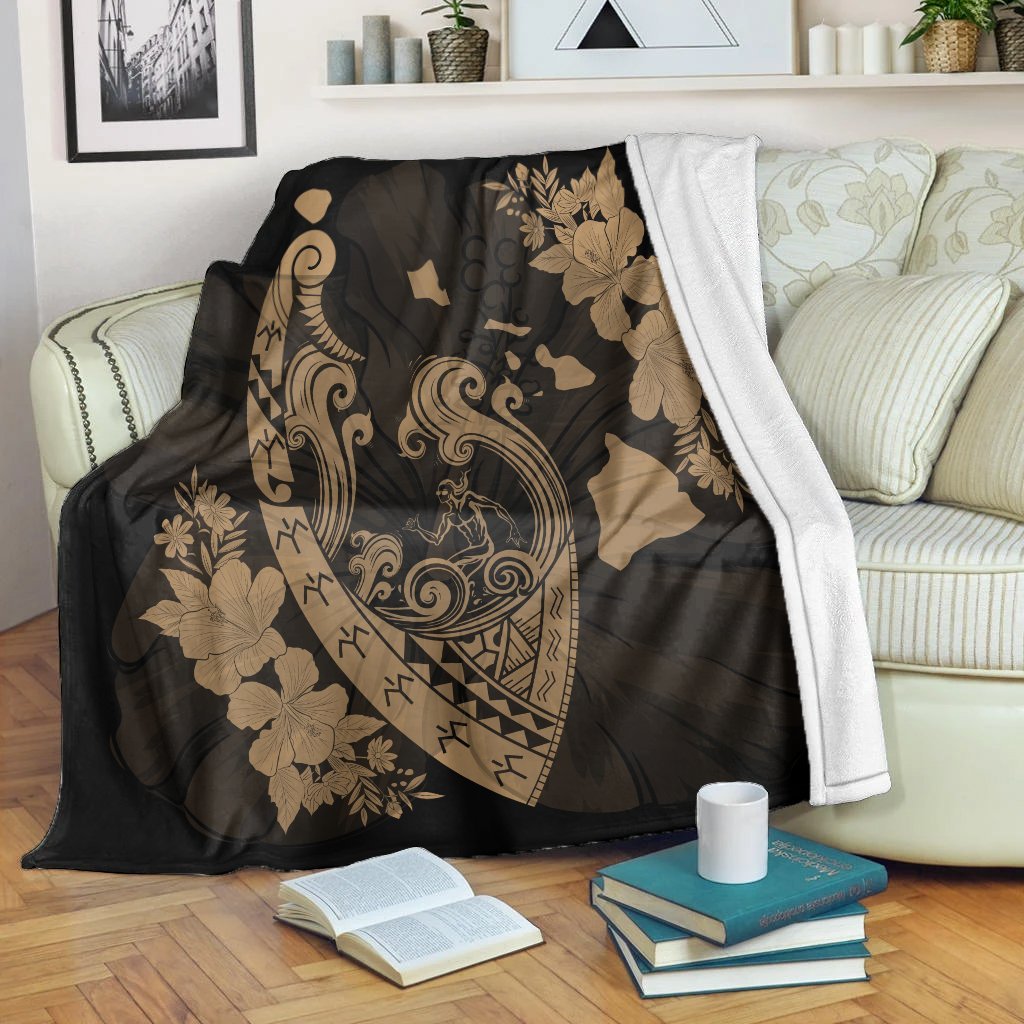 Hawaiian Fish Hook Hibiscus Banzai Surfing Polynesian Premium Blankets Gold - AH White - Polynesian Pride