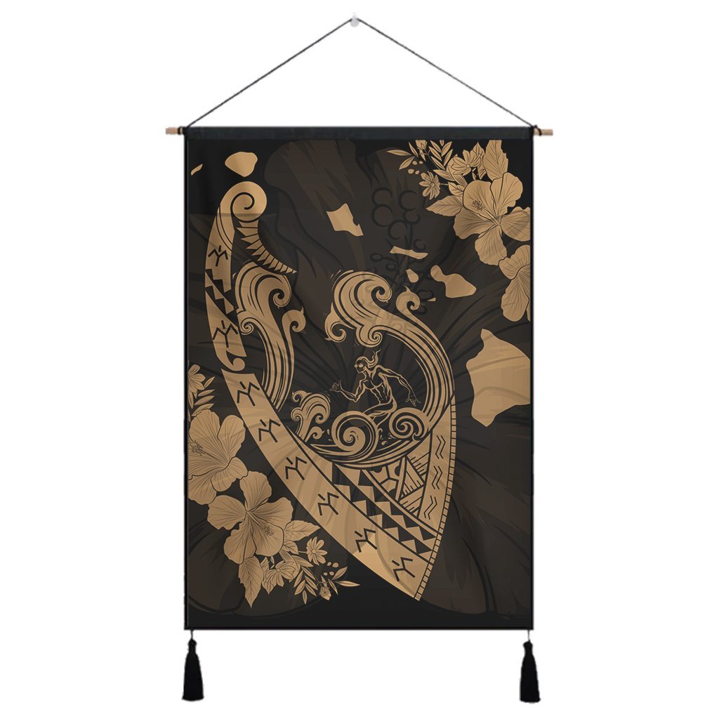 Hawaiian Fish Hook Hibiscus Banzai Surfing Polynesian Hanging Poster Gold - AH Hanging Poster Cotton And Linen - Polynesian Pride