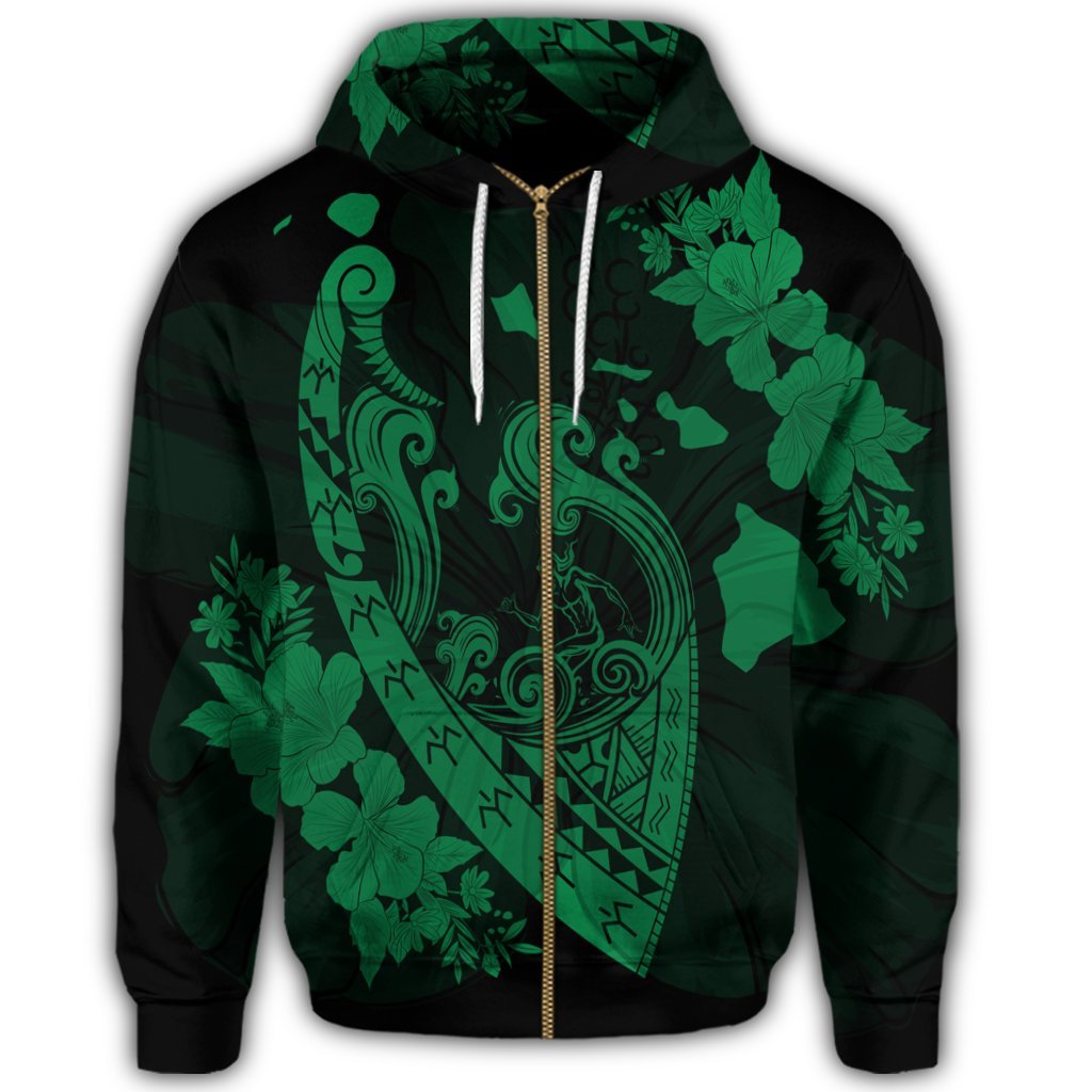 Hawaiian Fish Hook Hibiscus Banzai Surfing Polynesian Zip Hoodie Green - Polynesian Pride